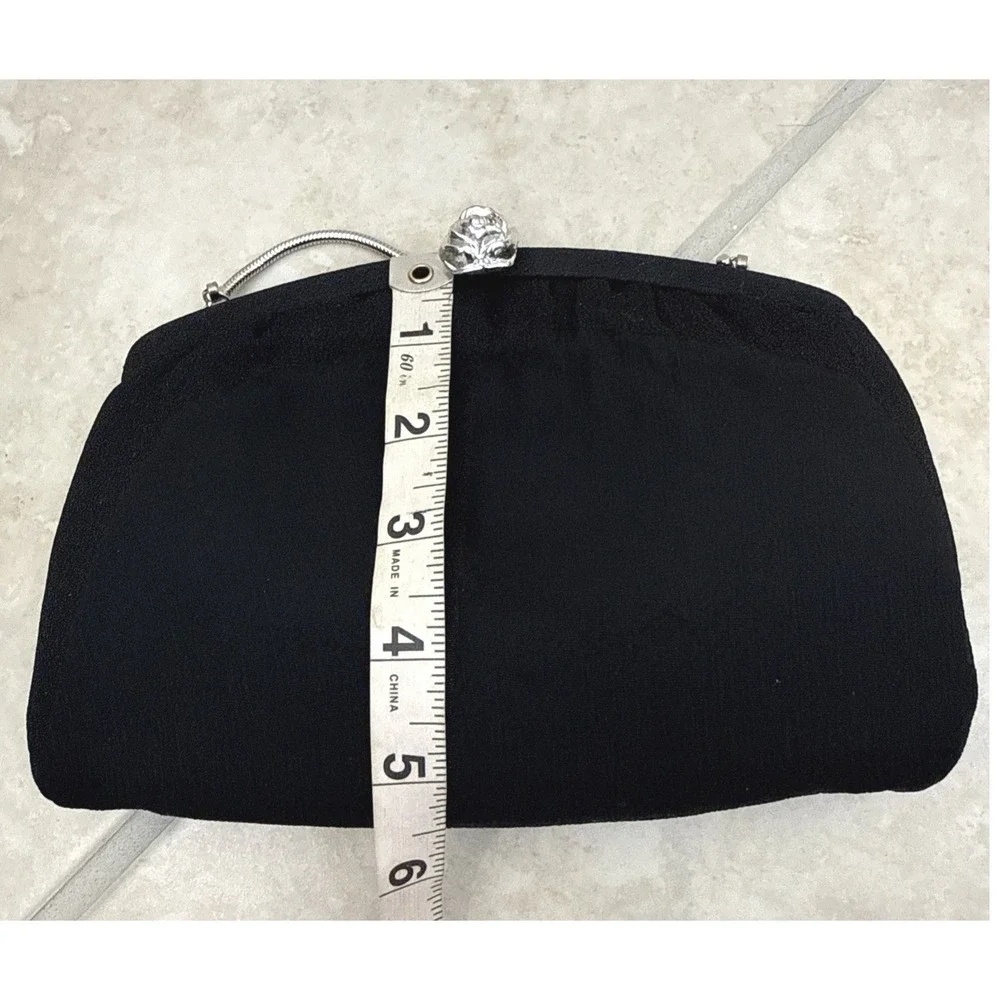Vintage Black Twill Evening Clutch Bag Silver‎ Rose Clasp Snake Chain Strap